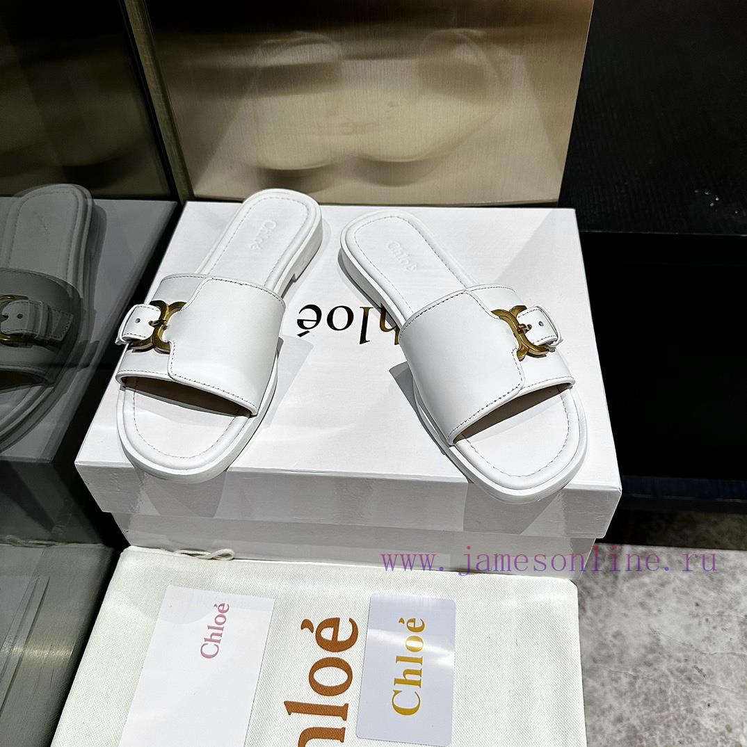 Chloe's latest cowhide slippersImported custom-made small gold buckle, original private modelx1k1783 - Image 2