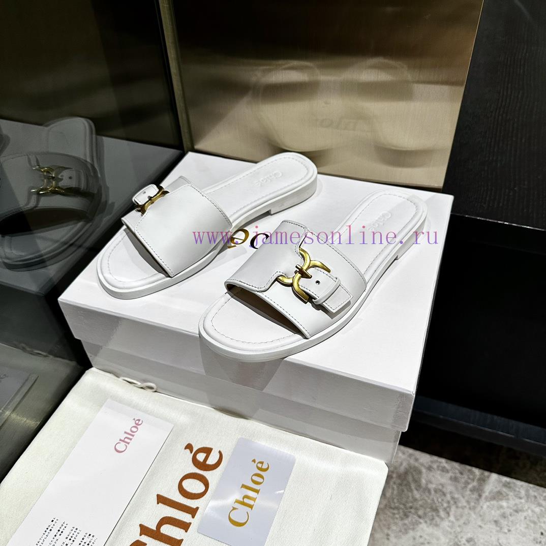 Chloe's latest cowhide slippersImported custom-made small gold buckle, original private modelx1k1783 - Image 4