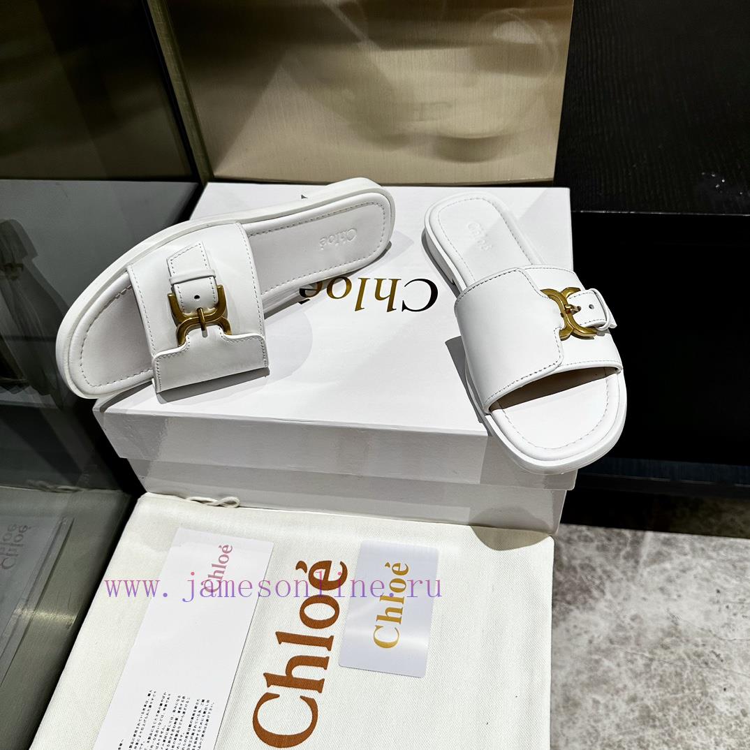 Chloe's latest cowhide slippersImported custom-made small gold buckle, original private modelx1k1783 - Image 5