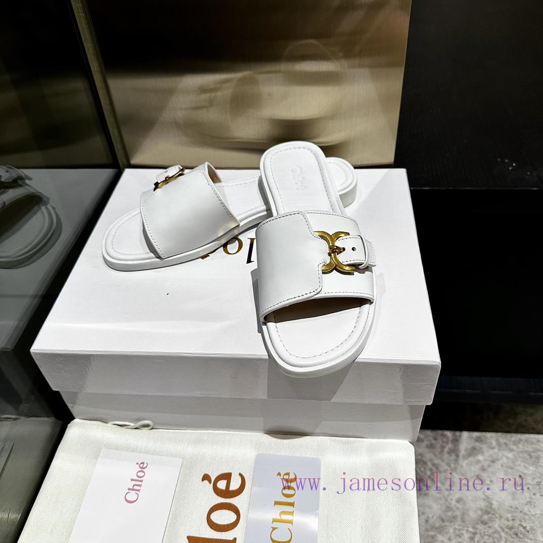 Chloe's latest cowhide slippersImported custom-made small gold buckle, original private modelx1k1783 - Image 7