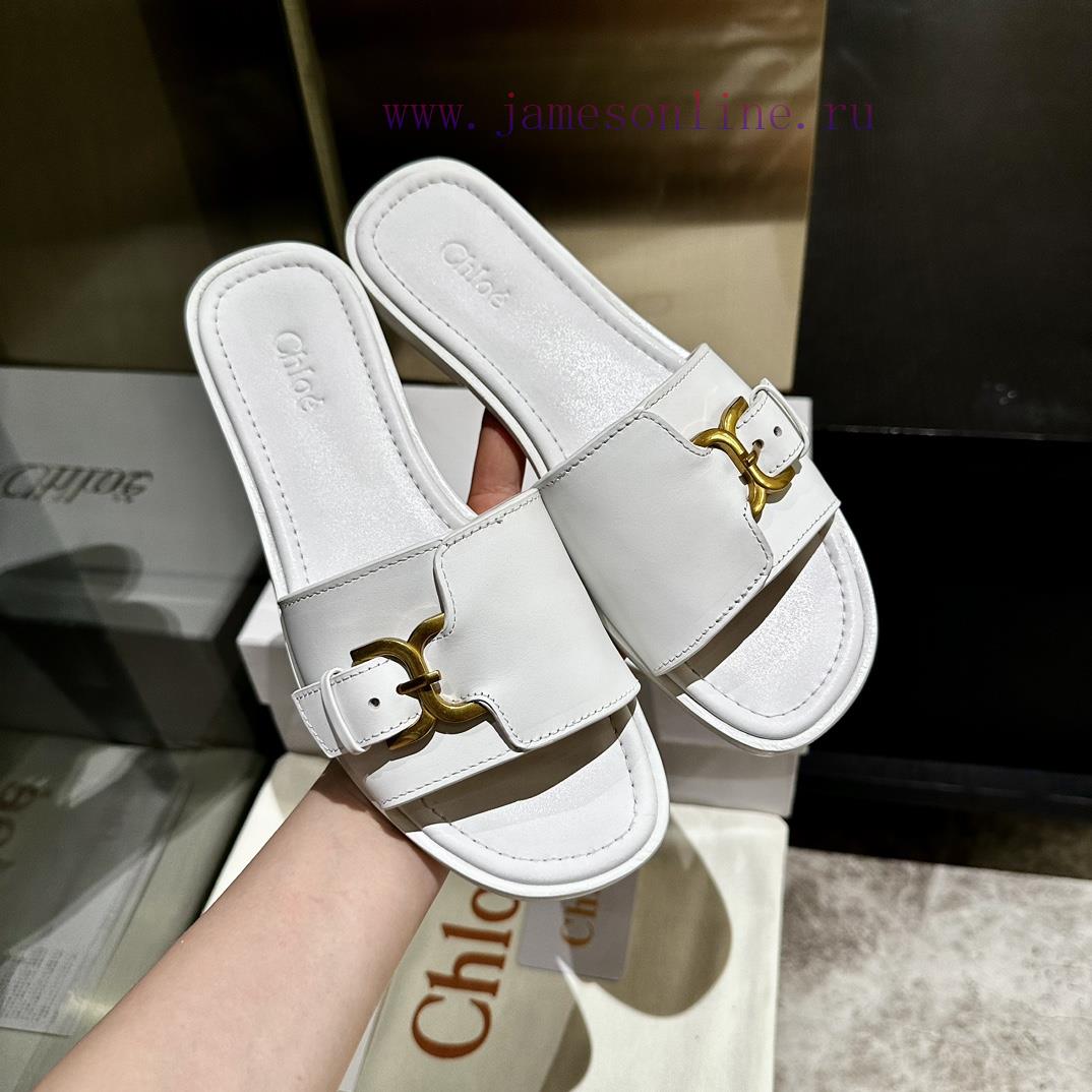 Chloe's latest cowhide slippersImported custom-made small gold buckle, original private modelx1k1783 - Image 9