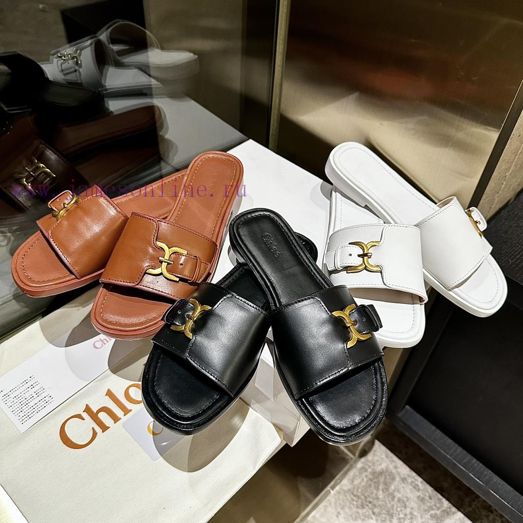 Chloe's latest cowhide slippersImported custom-made small gold buckle, original private modelx1k1783 - Image 10