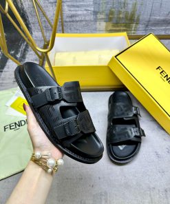 FENDI's latest popular double strap flat slippers, laser engraved FF pattern on black cowhidnyhzvalv