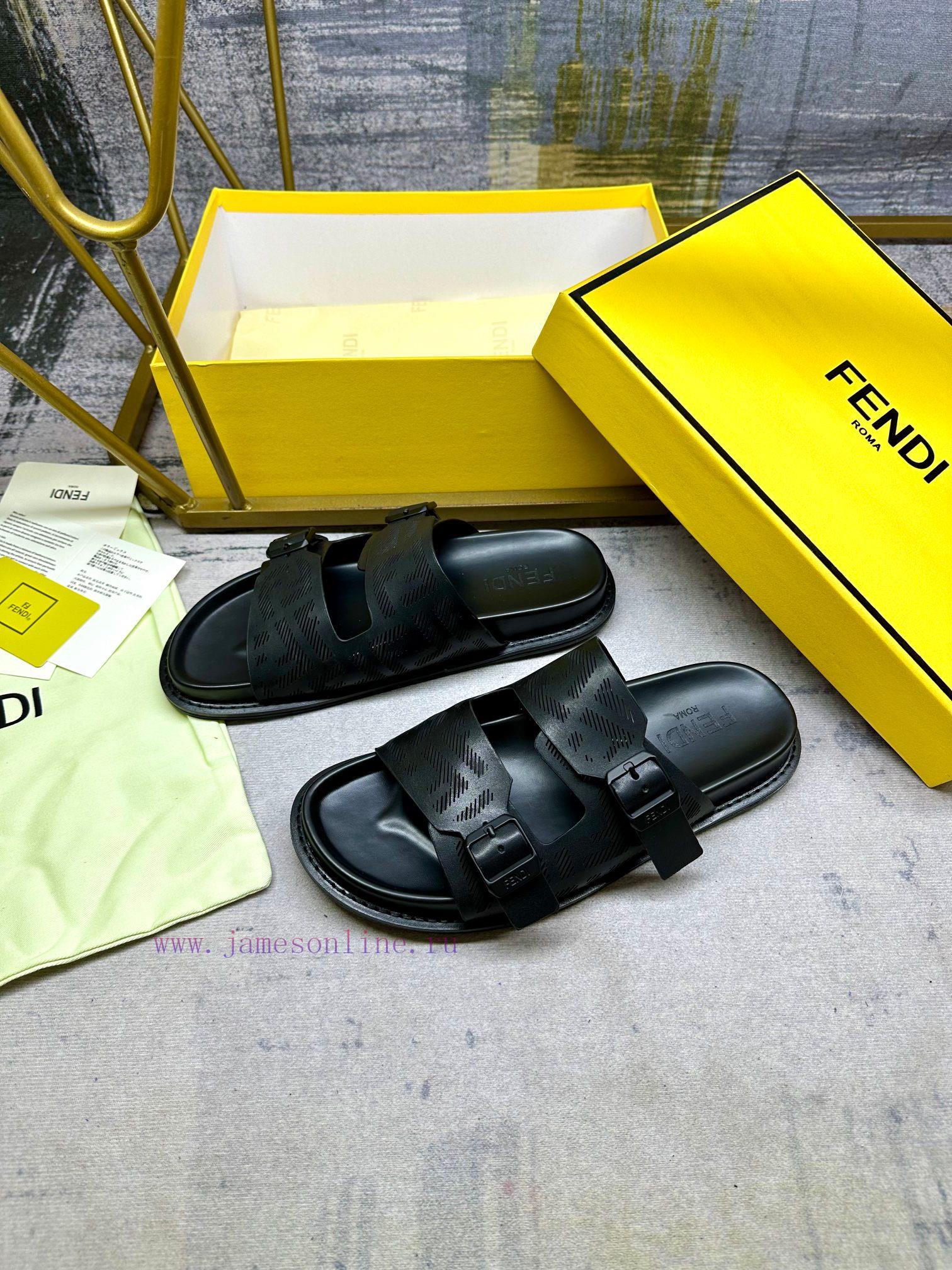 FENDI's latest popular double strap flat slippers, laser engraved FF pattern on black cowhidnyhzvalv - Image 3