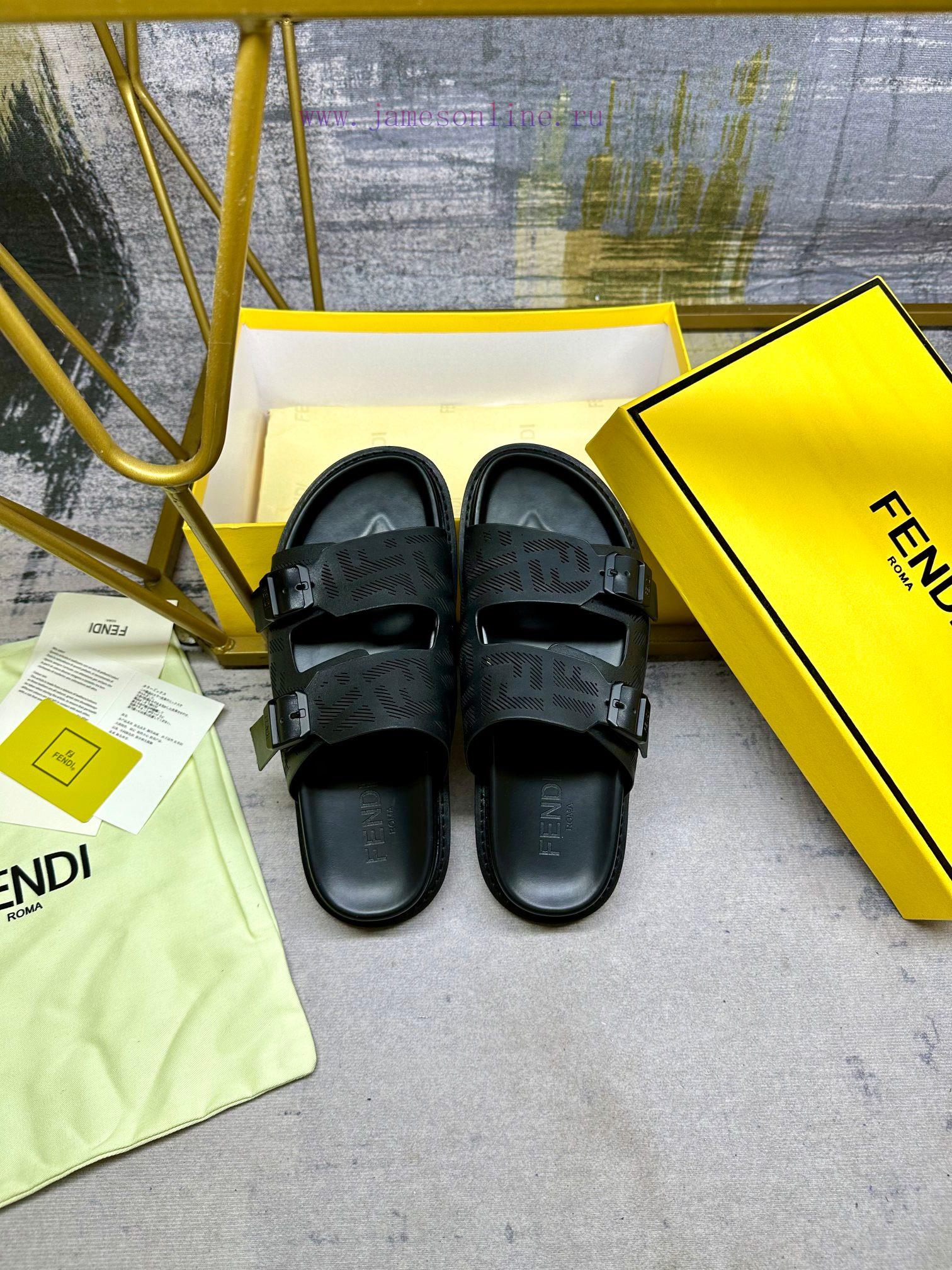 FENDI's latest popular double strap flat slippers, laser engraved FF pattern on black cowhidnyhzvalv - Image 6