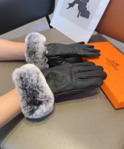 HERMES 🦌 Deer skin Hermes 2023 🧤 Autumn and winter big H lazy rabbit fur sheepskin gloves moeh9cv35y