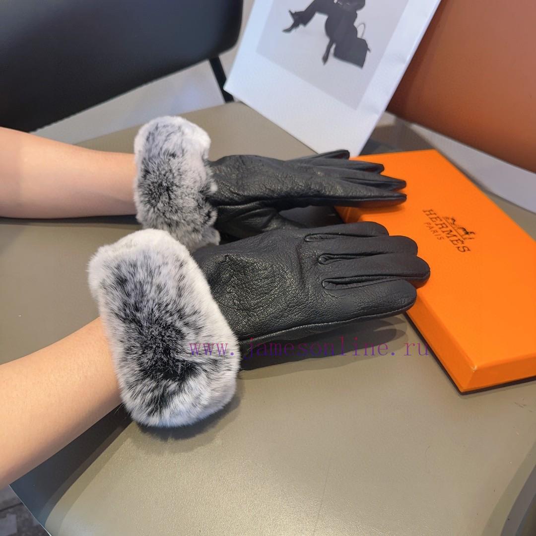 HERMES 🦌 Deer skin Hermes 2023 🧤 Autumn and winter big H lazy rabbit fur sheepskin gloves moeh9cv35y