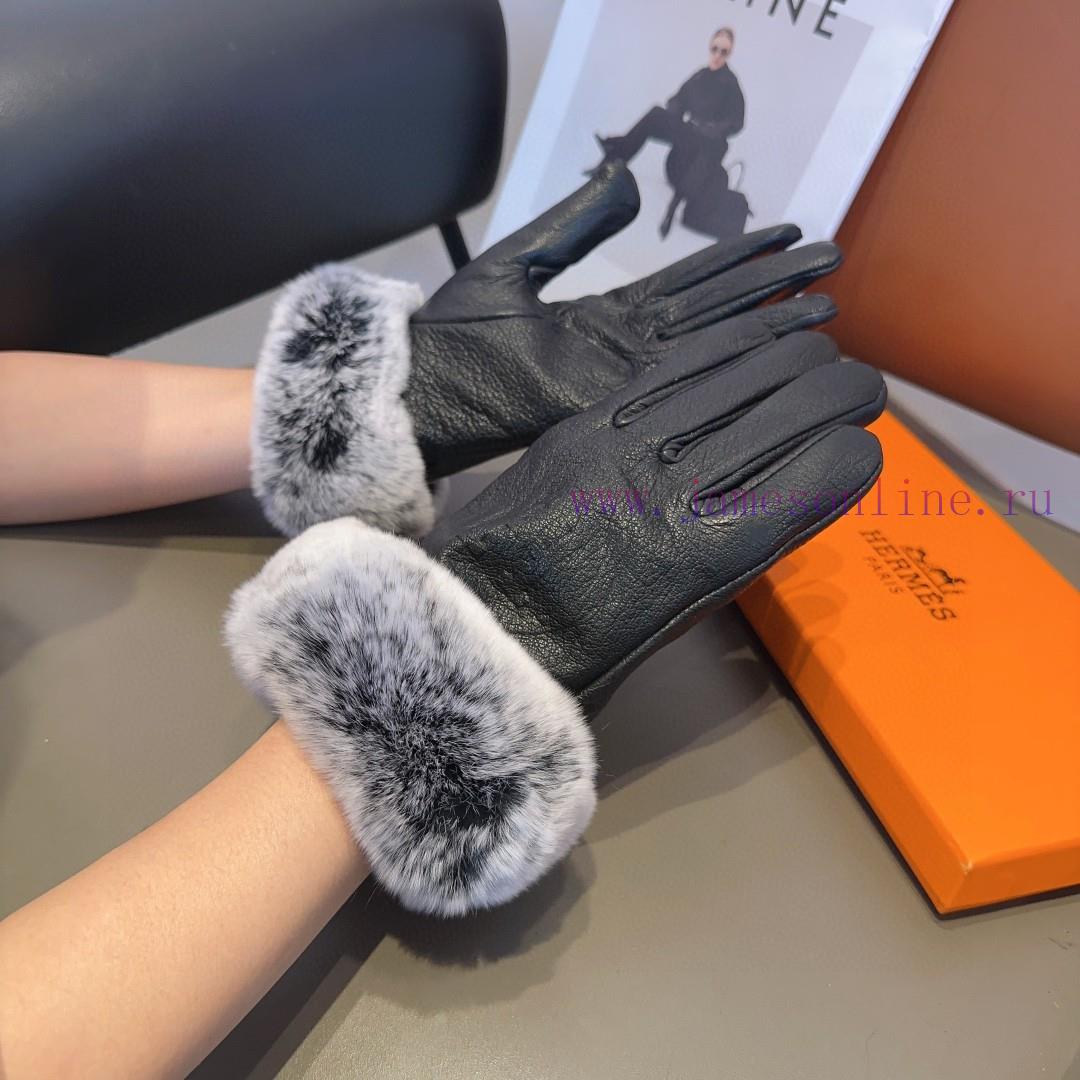 HERMES 🦌 Deer skin Hermes 2023 🧤 Autumn and winter big H lazy rabbit fur sheepskin gloves moeh9cv35y - Image 3