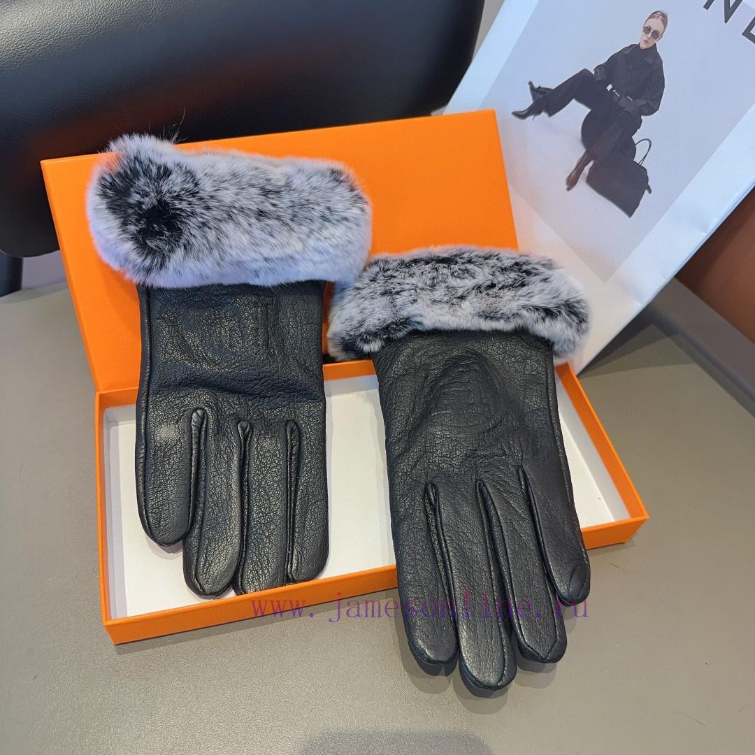HERMES 🦌 Deer skin Hermes 2023 🧤 Autumn and winter big H lazy rabbit fur sheepskin gloves moeh9cv35y - Image 5