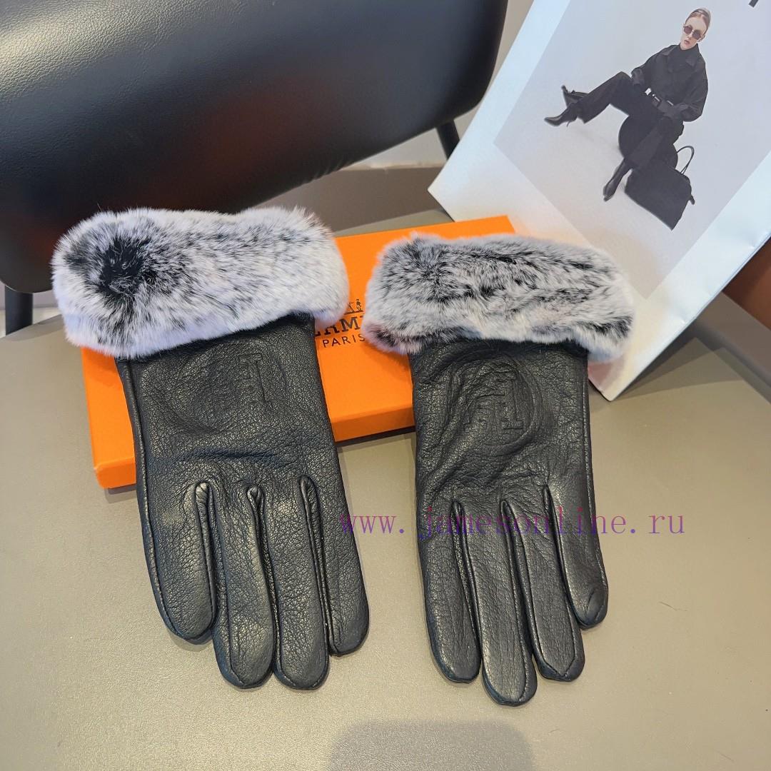 HERMES 🦌 Deer skin Hermes 2023 🧤 Autumn and winter big H lazy rabbit fur sheepskin gloves moeh9cv35y - Image 9