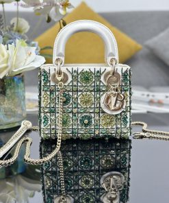 Lady Dior's Three Grid Embroidered White Green Diamonds Are Carefully Crafted From Silk Fabric 3zgiypw9