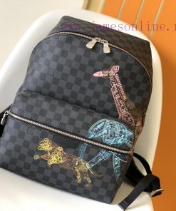 Louis Vuitton Bags M45275 Black Grid Discovery Backpack Is Made Of Damier Graphite Canvas Depicting Wildlife Image nx9epvlg