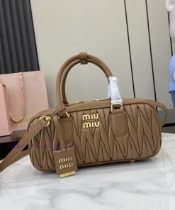 MiuMiu Bags New Arcadia Matelasse Sheep Leather Medium 27cm Bowling Handbag/Crossbody Bag - Brown Sheepskin vorgti7n