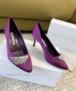 Manolo Blahnik MB2024 Rhinestone Buckle Pointed Flat Shoes Real Silk Satin High HeelsReal Leath fv86ajia