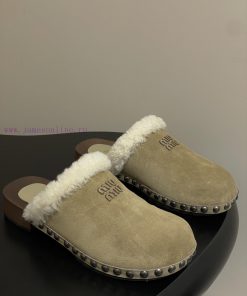 25ss Autumn/Winter Fashion MIUMIU Solid Wood Bottom Wool Half Slippers Thick Soled Mueller Shoe 3uuuawe3