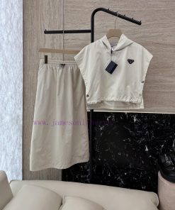 MS003 New Package ️Prada Triangle Logo Short Sleeved Waist Cinching Short Top ➕ Long Skirt Se r2buv5pg