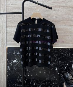 250059 New Knitted Sweater ️BC 100% Linen Bead Embroidered Striped Short Sleeved T-shirt Blac bq1cg2ei