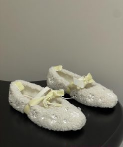 25Ss Autumn/Winter New Miu Miu Ribbon Bow Mary Jane Sheep Curly Water Diamond Ballet Single Sho stlfov4q
